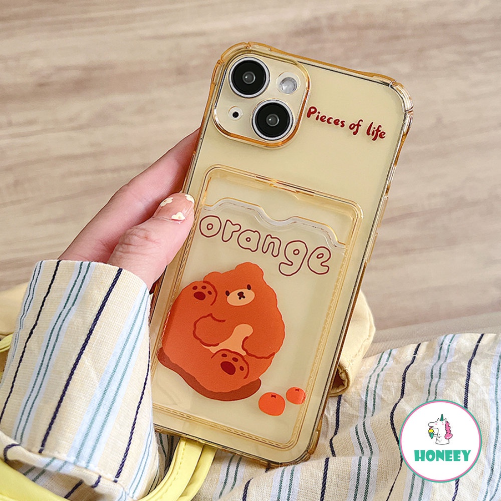 Casing Beruang Dompet Kartu Retro Kompatibel Untuk iPhone 14 Pro Max13 11 12 Pro Max XR X XS Max 7 8plus Orange Bening Shockproof Back Cover