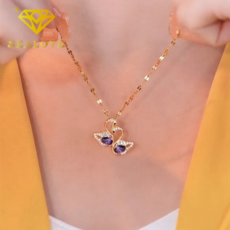 Kalung Titanium Swan Angsa Kristal Ungu Berlian Emas 18K Anti Karat Mewah Elegan Korea Aksesoris Wanita Perhiasan