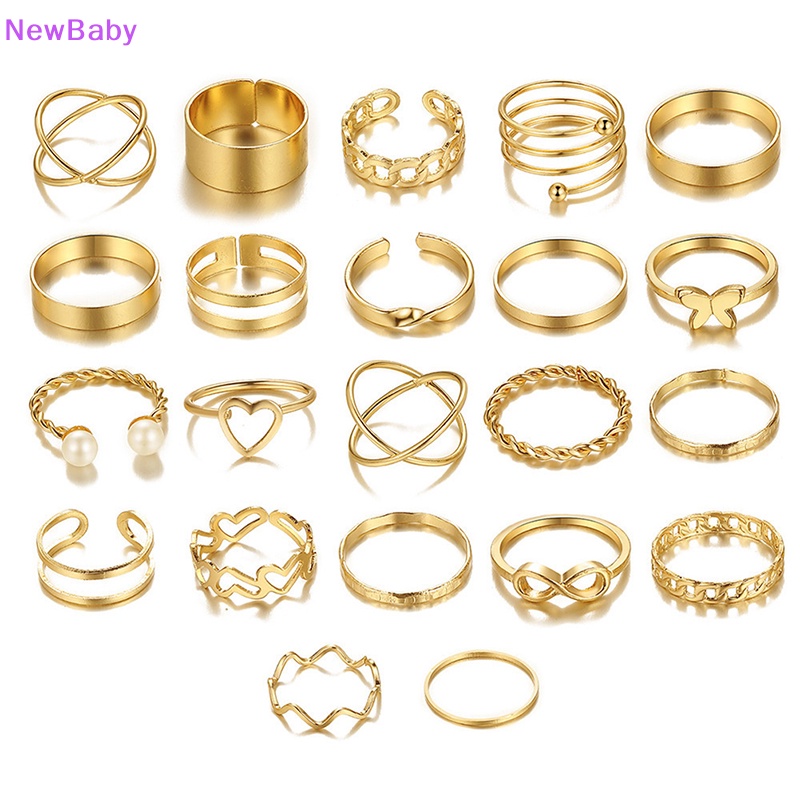 Newbaby 22pcs Set Vintage Berongga Hati Kupu-Kupu Cincin Set Untuk Wanita Logam Warna Perak Geometris Bentuk Spiral Cincin rendy Jewelry ID