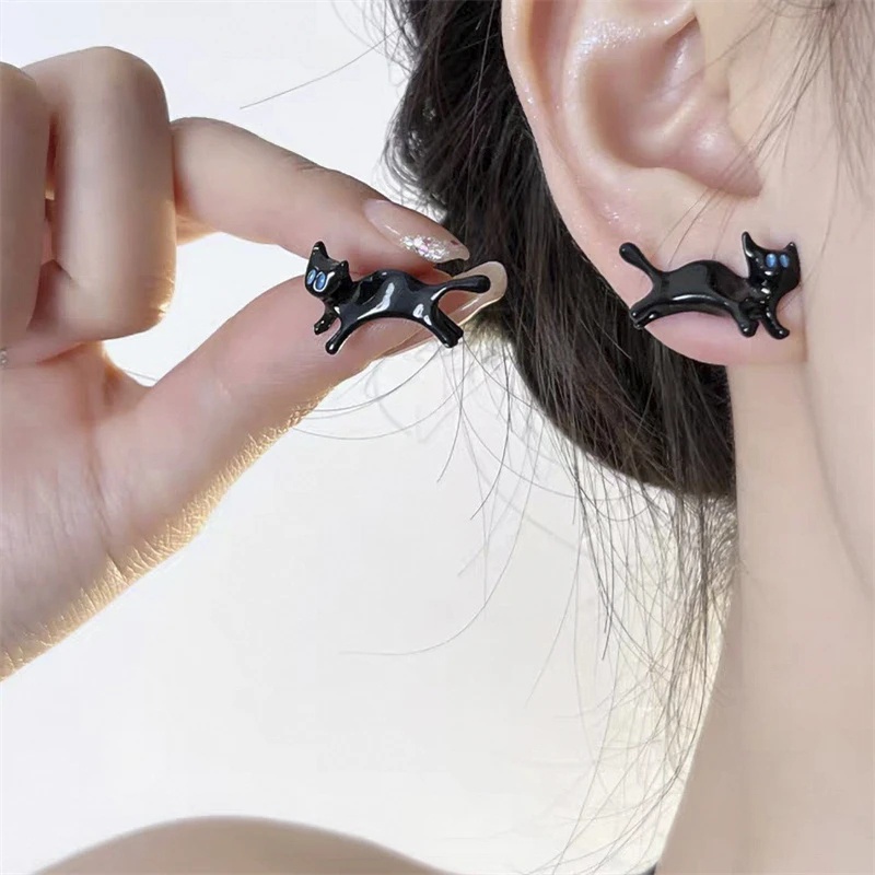 Anting Pejantan Kucing Hitam Lucu Kreatif/Korean INS Simple Style Studs Earrings/Perhiasan Anting Anak Kucing 3D Untuk Gadis/Fashion Trend Pesta Aksesoris Anting Minimalis