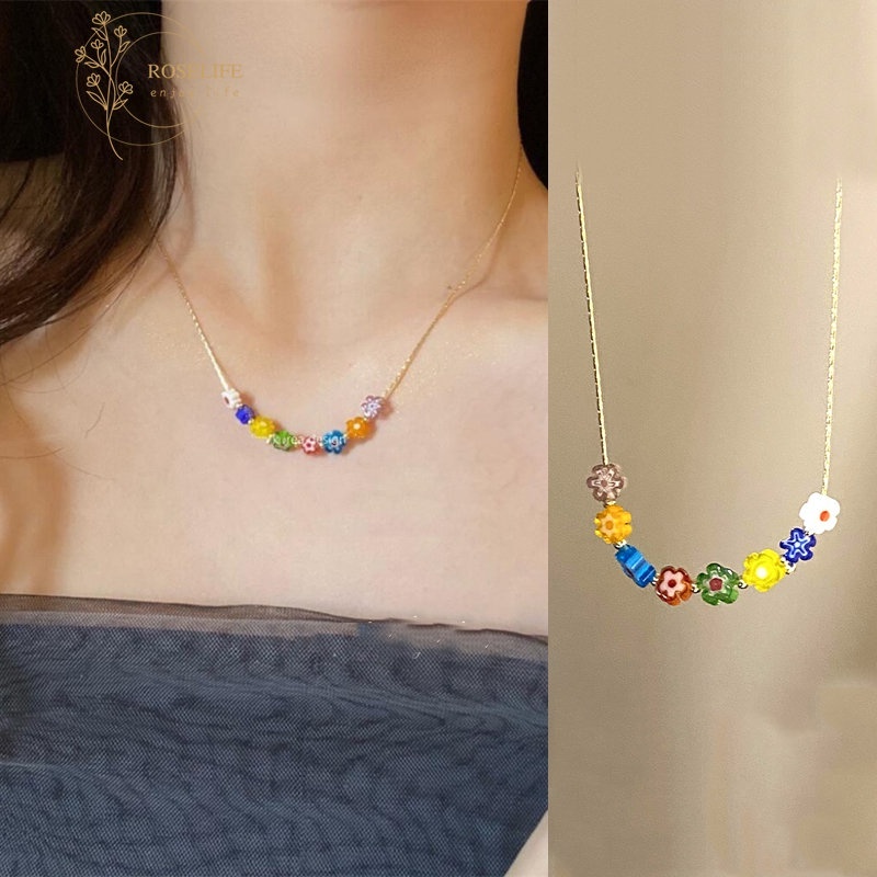 Kalung Manik-Manik Bunga Warna-Warni Klavikula Rantai Choker Mewah Manis Keren Cewek