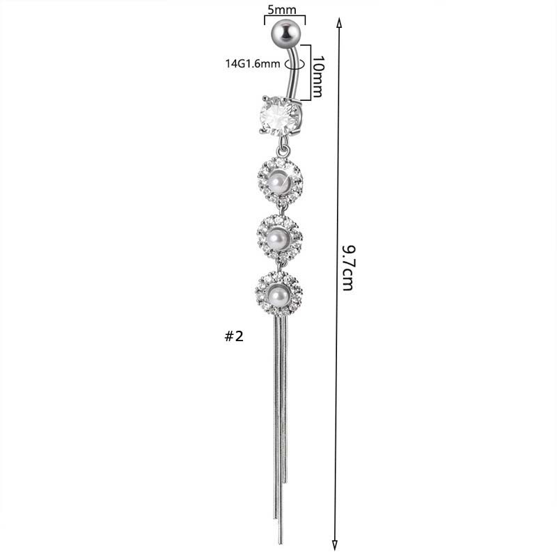 1biji Stainless Steel Panjang Rumbai Pusar Berbentuk Cakar Zirkon Mutiara Imitasi Pusar Cincin Panjang Pusar Dekorasi