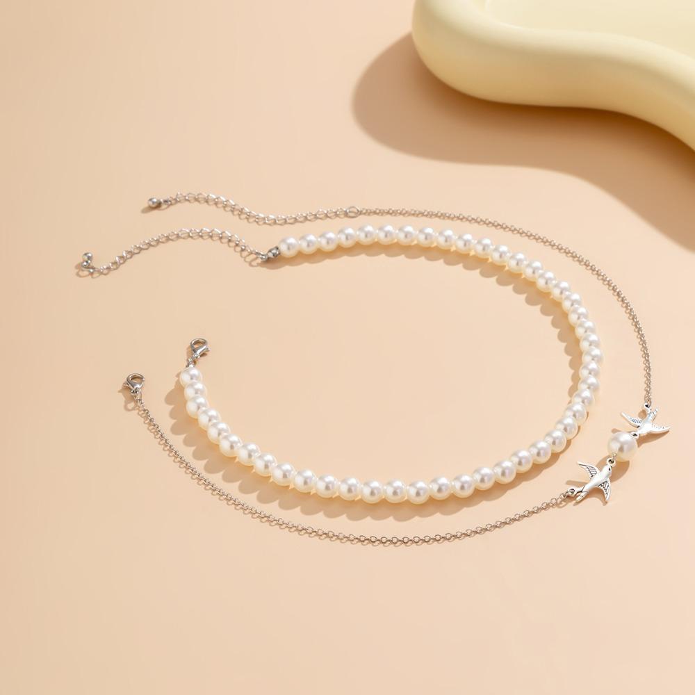 Mxbeauty Liontin Walet Desain Niche Mutiara Imitasi Manis Rantai Salib Double Layer Alloy Punk Imitasi Pearl Chain Untuk Wanita