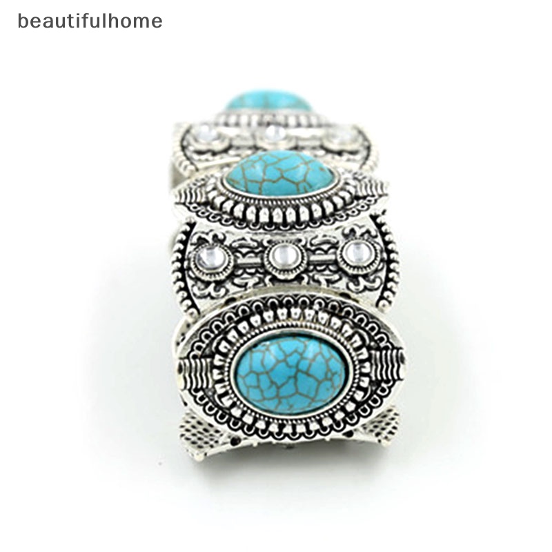 {beautifulhome} Bergaya Boho Womens Retro Vintage Natural Turquoise Tibet Perak Gelang Cuff.