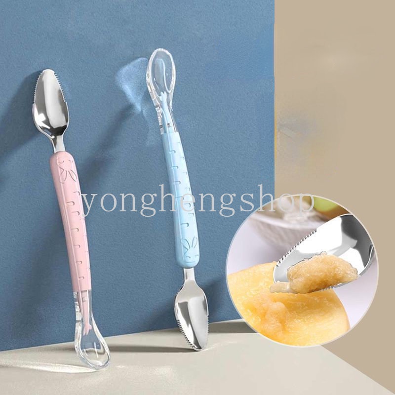 Double-head Fruit Mud Scraper Stainless Steel Fruit Scraping Spoons Silikon Lembut Sendok Suplemen Makanan Sendok Makan Bayi Balita Sendok Garpu