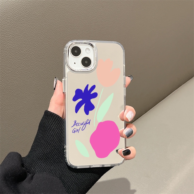 IPHONE Casing Ponsel Cermin Bunga Graffiti Kartun Kompatibel Untuk Iphone11 12 13 14 12Pro 13Pro 14Pro Pro Max XR X XS Max Electroplating Tombol Perlindungan Mirror Cover