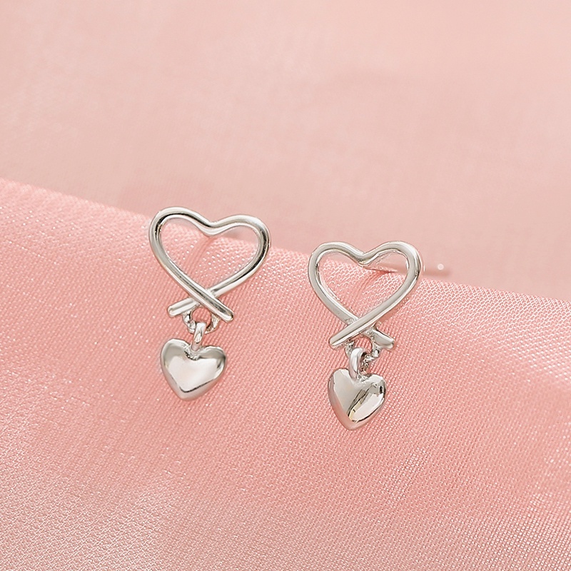 Papaozhu Korea S925 Perak Lucu Kecil Berongga Jantung Stud Anting-Anting Untuk Wanita Perempuan Halus Mungil Ganda Cinta Anting-Anting Hypoallergenic Telinga Perhiasan Aksesoris