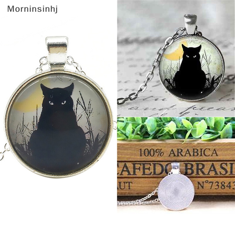 Mornin Chic Wanita Vintage Black Cat Cabochon Silver Plated Rantai Kaca Liontin Kalung id