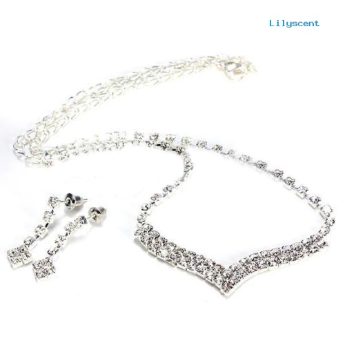 [LS]Fashion Wanita Lady Berlian Imitasi Stud Anting Kalung Pernikahan Bridal Perhiasan Set