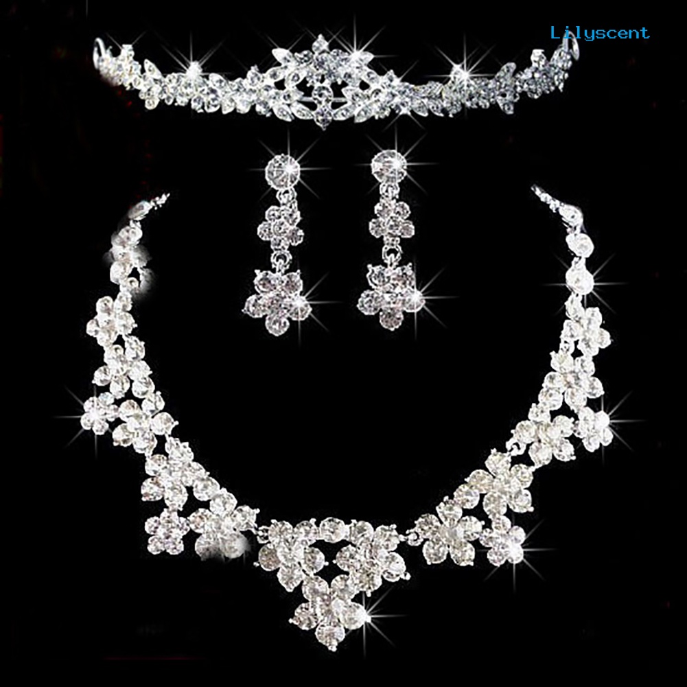 [LS] Set Perhiasan Wanita Pengantin Berlian Imitasi Elegan Anting Kalung Kepala Rantai Tiara