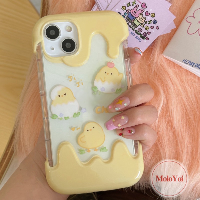 3d Ice Cream Shockproof Soft Tpu Phone Back Case Kompatibel Untuk IPhone XR X XS Max 7Plus 11 13 14 12 Pro Max 8Plus 7 8 Plus Kartun Anak Ayam Lucu Ponsel Cover