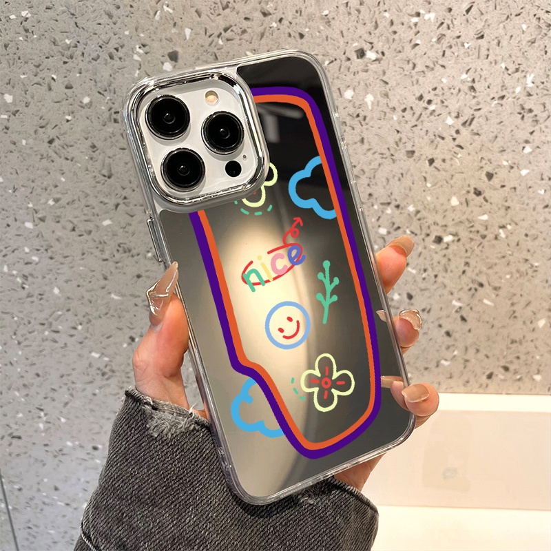 IPHONE Casing Ponsel Cermin Graffiti Kompatibel Untuk Iphone11 12 13 14 12Pro 13Pro 14Pro Pro Max XR X XS Max Electroplating Tombol Perlindungan Mirror Cover