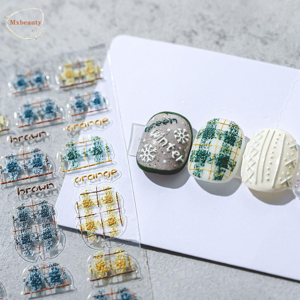 MXBEAUTY Kotak-kotak Stiker Kuku Mode Tipis Tangguh Musim Dingin Huruf Inggris Perekat Diri DIY Nail Art Dekorasi