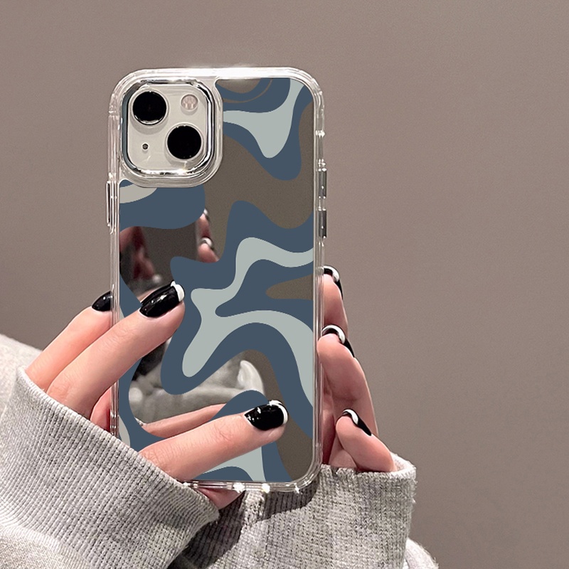 IPHONE Art Grey Blue Painting Mirror Phone Case Kompatibel Untuk Iphone11 12 13 14 12Pro 13Pro 14Pro Pro Max XR X XS Max Electroplating Tombol Perlindungan Mirror Cover