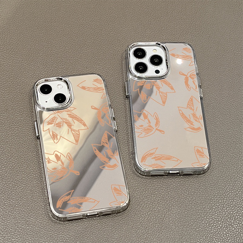 IPHONE Maple Leaves Mirror Phone Case Kompatibel Untuk Iphone11 12 13 14 12Pro 13Pro 14Pro Pro Max XR X XS Max Electroplating Tombol Perlindungan Mirror Cover