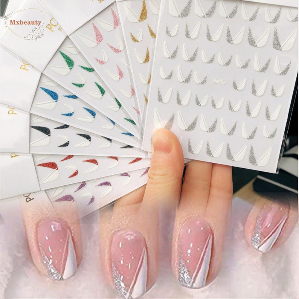 MXBEAUTY French Tips Stiker Kuku Putih Kreatif Perekat Diri Wanita Putih Garis Miring Glitter Garis Perancis Gadis DIY Manicure Aksesoris White Sliders Decals