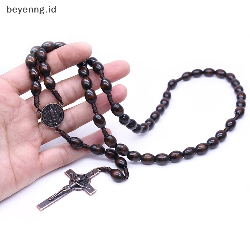 Beyen Vintage Yesus Salib Katolik Kayu Beads Perhiasan Kalung Liontin Doa Religi ID