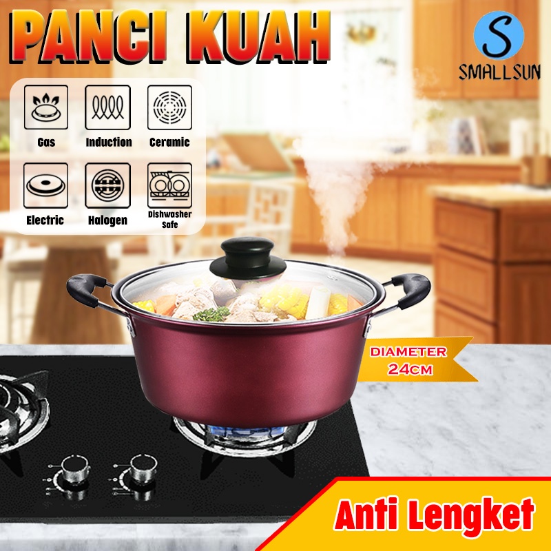 (SS) Panci Kuah Telfon Anti Lengket - Panci Kuah Warna Tutup Kaca Enamel 24cm