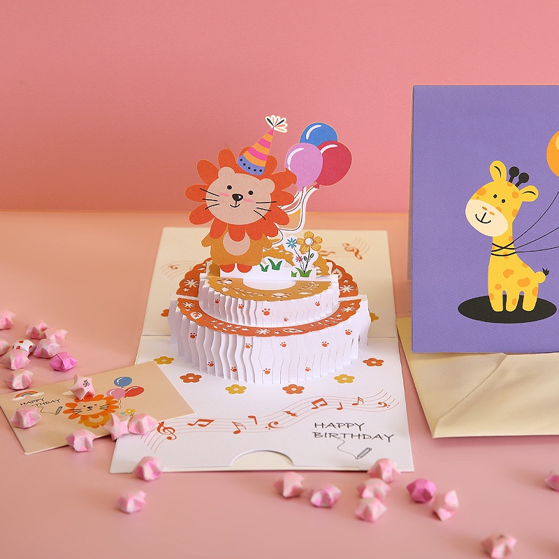 Ins Lucu Kartun Hewan Kue Kartu Ucapan Kreatif Commemorative 3D Celebrate Birthday Cards