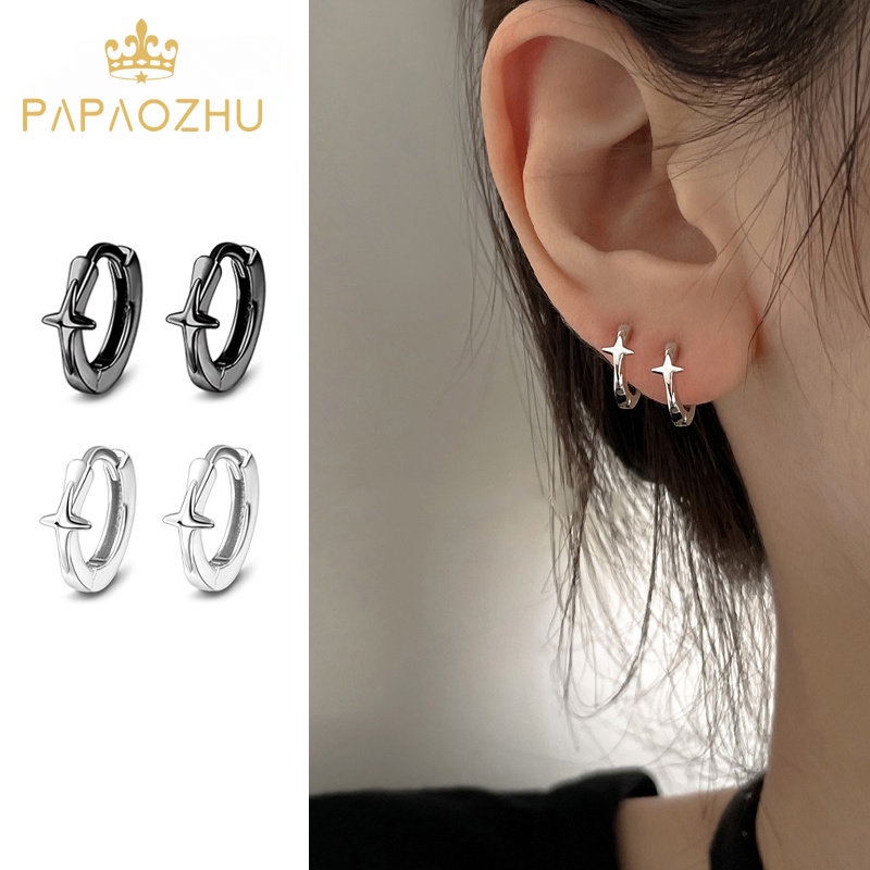 Papaozhu Bergaya S925 Perak Hitam Bintang Hoop Anting-Anting Untuk Wanita Pria Sederhana Berongga Lingkaran Cuff Earrings Temperamen Telinga Aksesoris Pakaian Sehari-Hari