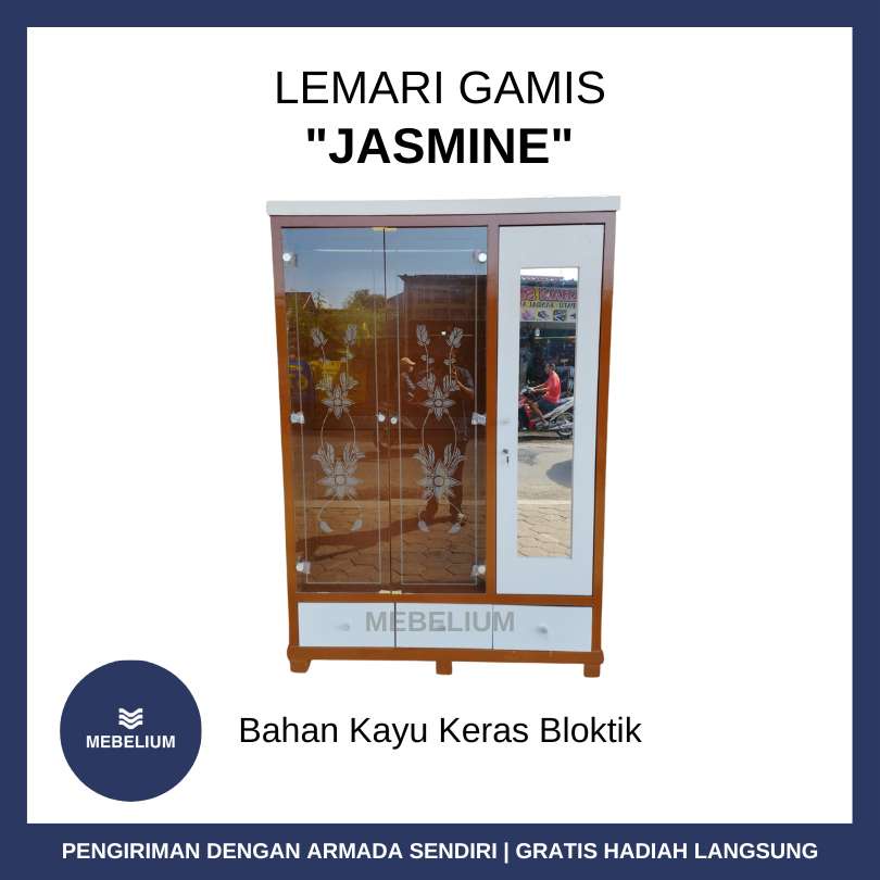 Lemari Pakaian Rak Gamis 3 Pintu Jasmine Kayu Bloktik / Lemari Baju Kayu Putih Kaca Transparan Rak G