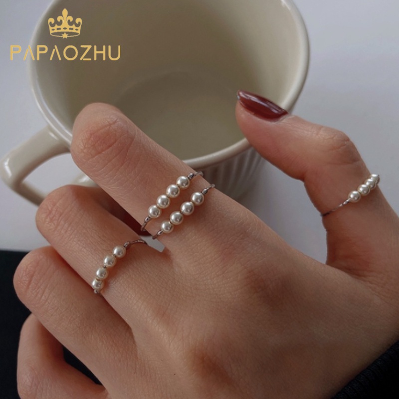 Papaozhu Manik-Manik Mutiara Perak Halus Susun Buku Jari Cincin Untuk Wanita Gadis Korea Tipis Pesona Rings Adjustable Finger Jewelry