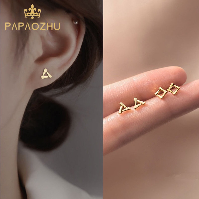 Papaozhu Chic s925 Perak Geometris Segitiga Square Stud Earrings Untuk Wanita Perempuan Korea Fashion Earring Perhiasan