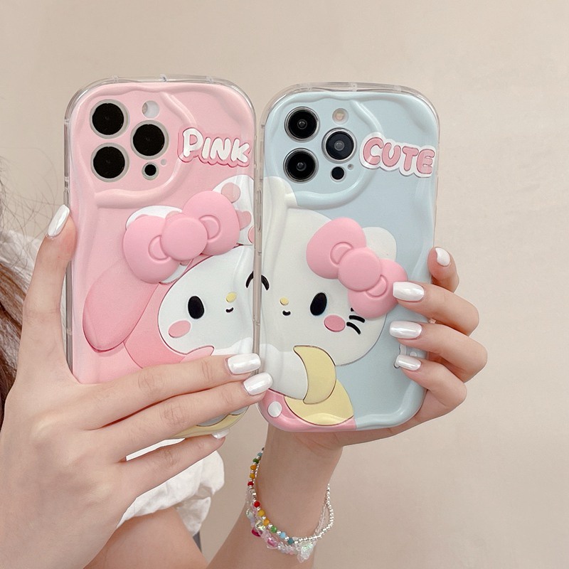 Cream Casing Pink Melody Kitty Bow Popsocket Soft Case HP iP iPhone 6 6S 7 8 14 + Plus SE 2020 2022 X XS XR 11 12 13 Pro Max Girl Woman