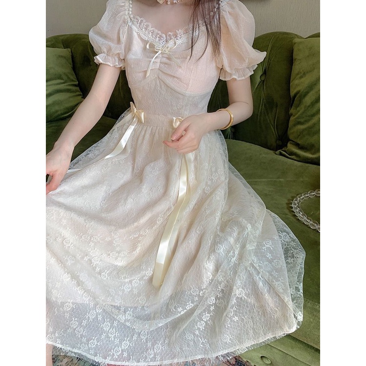 Midi Dress Wanita Prancis Yang Manis Puff Lengan Pendek Renda Dress