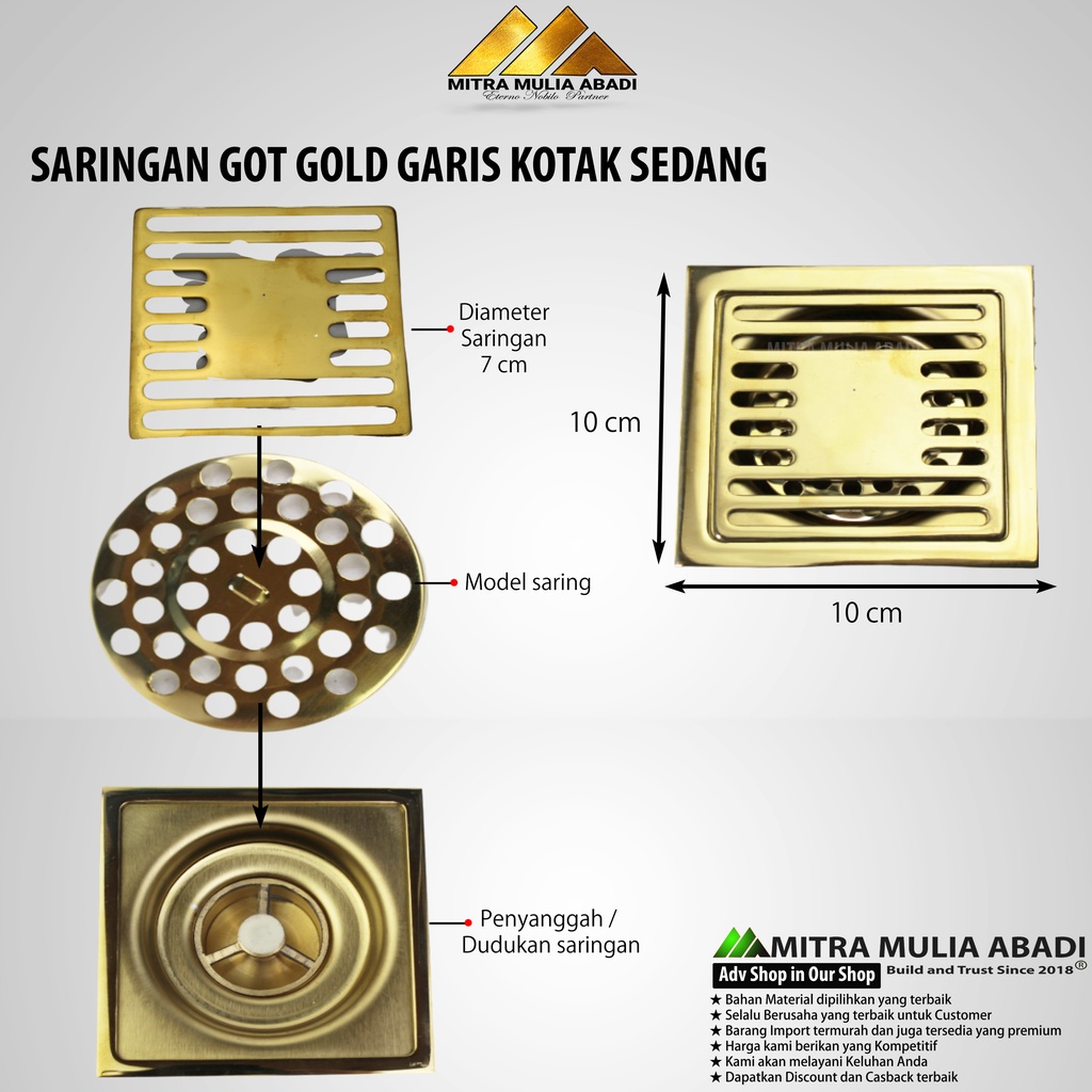 Saringan Got Stainles / Saringan Got Gold Garis Kotak Sedang / Floor Drain Iron