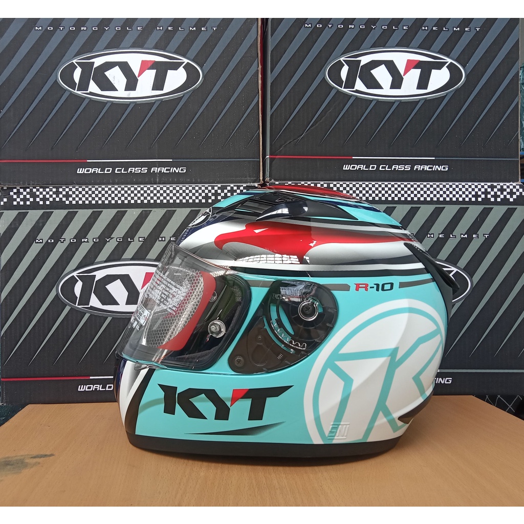 Helm Fullface KYT r10 Paket Ganteng Solid Motif Aqua Blue