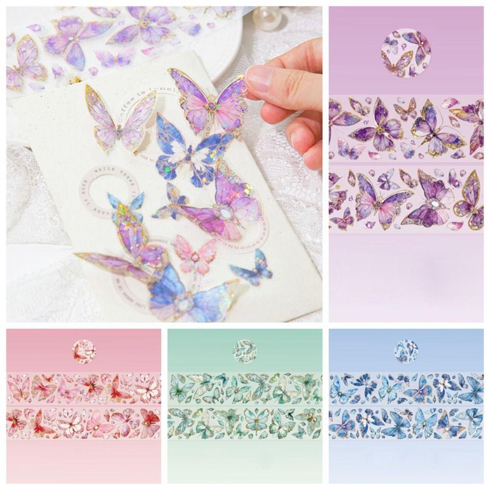 AUGUSTINA Handmade Kolase Tape, Bling Collection Masking Tape, INS PET Butterfly Shiny Album Dekorasi Untuk Aksen Tangan