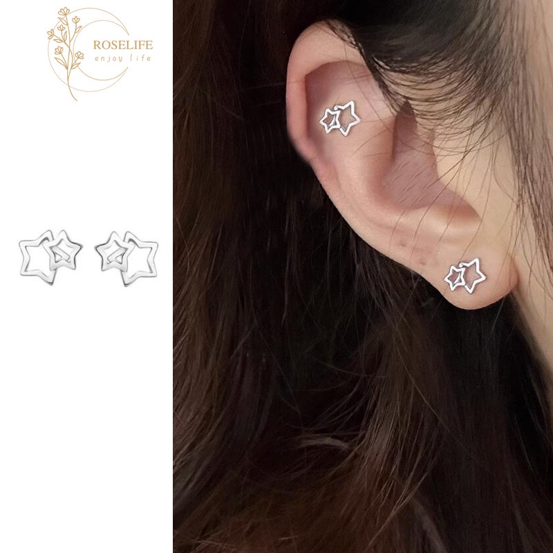 Roselife S925 Perak Mini Berongga Double Star Stud Earrings Untuk Wanita Gadis Korea Lucu Anting-Anting Pakaian Sehari-Hari Pick Gratis Telinga Perhiasan 1pasang