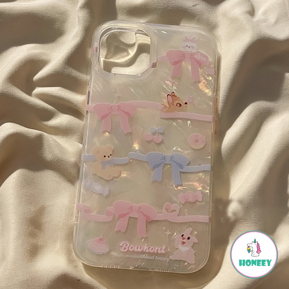 INS Bow Shell Pattern Phone Case Compatible for iPhone 14 13 12 11 Pro Max X XR XSMAX 7 8 Plus SE Cute Bear Bunny Acrylic Shockproof Cover