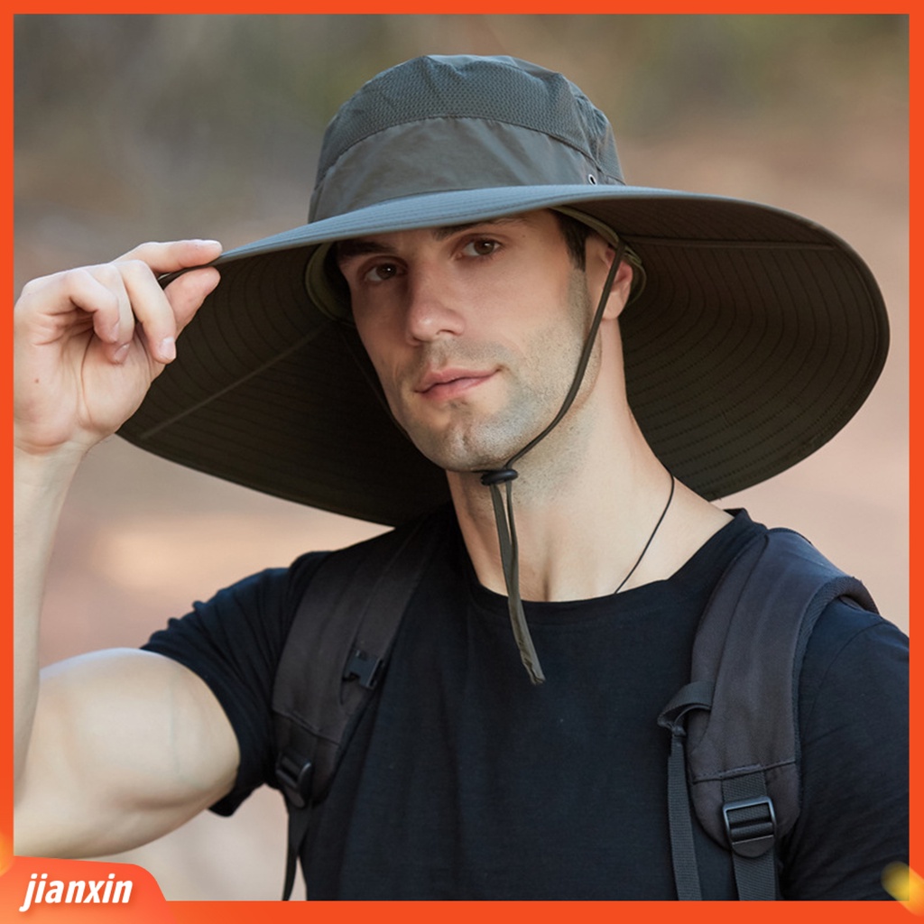 (In Stock) Outdoor Pria Big Brim Sunhat Topi Nelayan Anti Air Untuk Pakaian Sehari-Hari