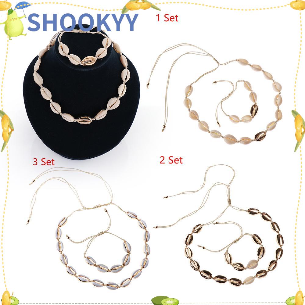 CHOOKYY Shell Kalung Bohemian Braided Handmade Set Perhiasan Alam Dan Alloy