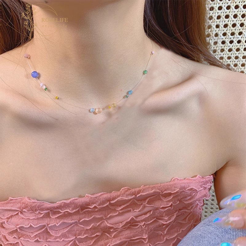 Roselife Musim Panas Planet Warna-Warni Opal Manik-Manik Choker Kalung Untuk Gadis Energik Korea Garis Transparan Tahan Air Liburan Pantai Tulang Selangka Rantai Kalung Perhiasan Aksesoris