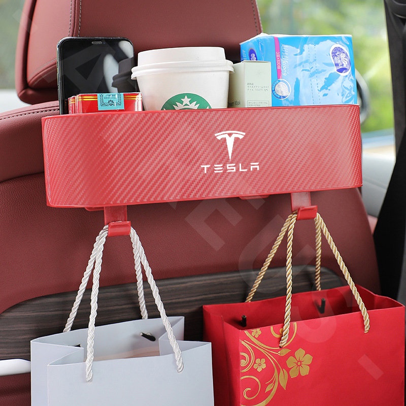 Tesla Car Back Seat Organizer Car Seat Back Hook Kotak Penyimpanan Cup Holder Tekstur Serat Karbon Untuk Tesla Model 3model Y S X