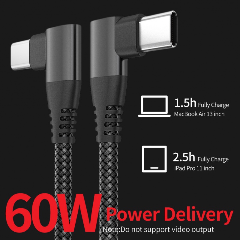 60w Pengisian Cepat Double Elbow Dual90° Kabel Data Putar Tipe-C Kabel PD C To C Male To Male Nylon Braided Charging Cable