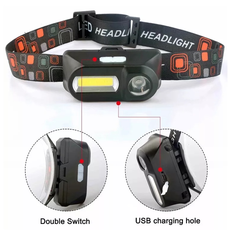 Senter KepalaLED Sistem Cas USB  Headlamp 3 MODE LED COB + XPE Camping Outdoor Super Terang Rechargeable