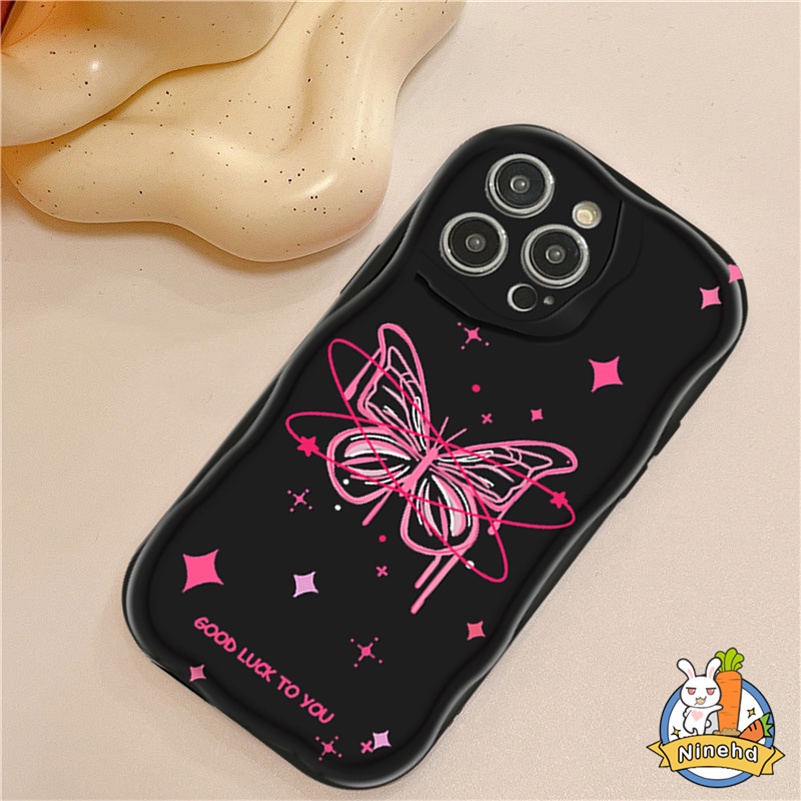 IPHONE Ins Manis Keren Pink Kupu-Kupu Hitam Terang Casing Ponsel Kompatibel Untuk Iphone14 13 12 11 Pro Max X Xr Xs Max8 7 6 6s Plus SE 2020 Bumper Shockproof Tepi Melengkung Lembut Tpu Penutup Belakang