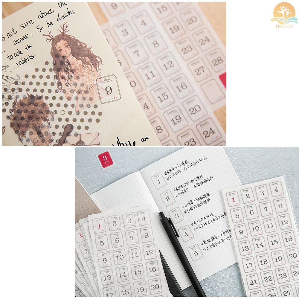 In Stock 12lembar/Set Calender Sticker Paket Harian 12bulan 365hari Label Stiker Untuk Kerajinan DIY Scrapbooking Jurnal Notebook Dekorasi Janjian Daily Planner