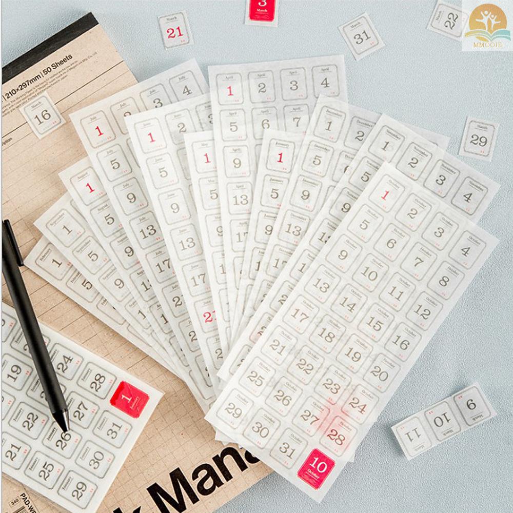 In Stock 12lembar/Set Calender Sticker Paket Harian 12bulan 365hari Label Stiker Untuk Kerajinan DIY Scrapbooking Jurnal Notebook Dekorasi Janjian Daily Planner