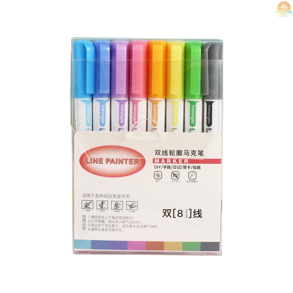 In Stock 8warna Spidol Pewarna Garis Ganda Garis Besar Paint Pen 2.0mm Tip DIY Scrapbooking Untuk Artis Anak Dewasa Kertas Hitam Buku Mewarnai Foto Batu Kaca Sekolah Kantor Suppl