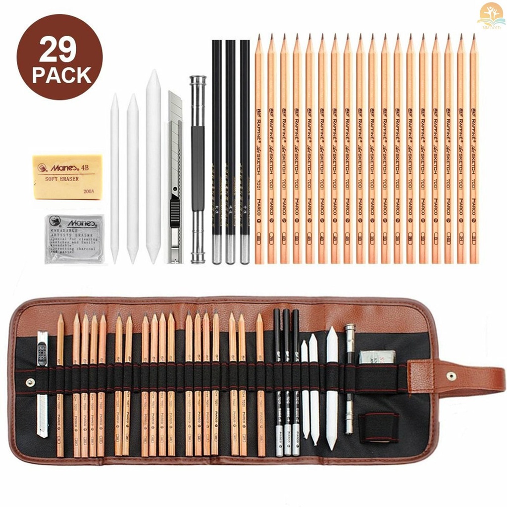 In Stock 29PCS Set Pensil Menggambar Sketsa Arang Pensil Seni Profesional Perlengkapan Seni Dengan Tas Kantong Penyimpanan Potrait Alat Gambar Hadiah Besar Untuk Pelajar Dewasa Pemula Dan