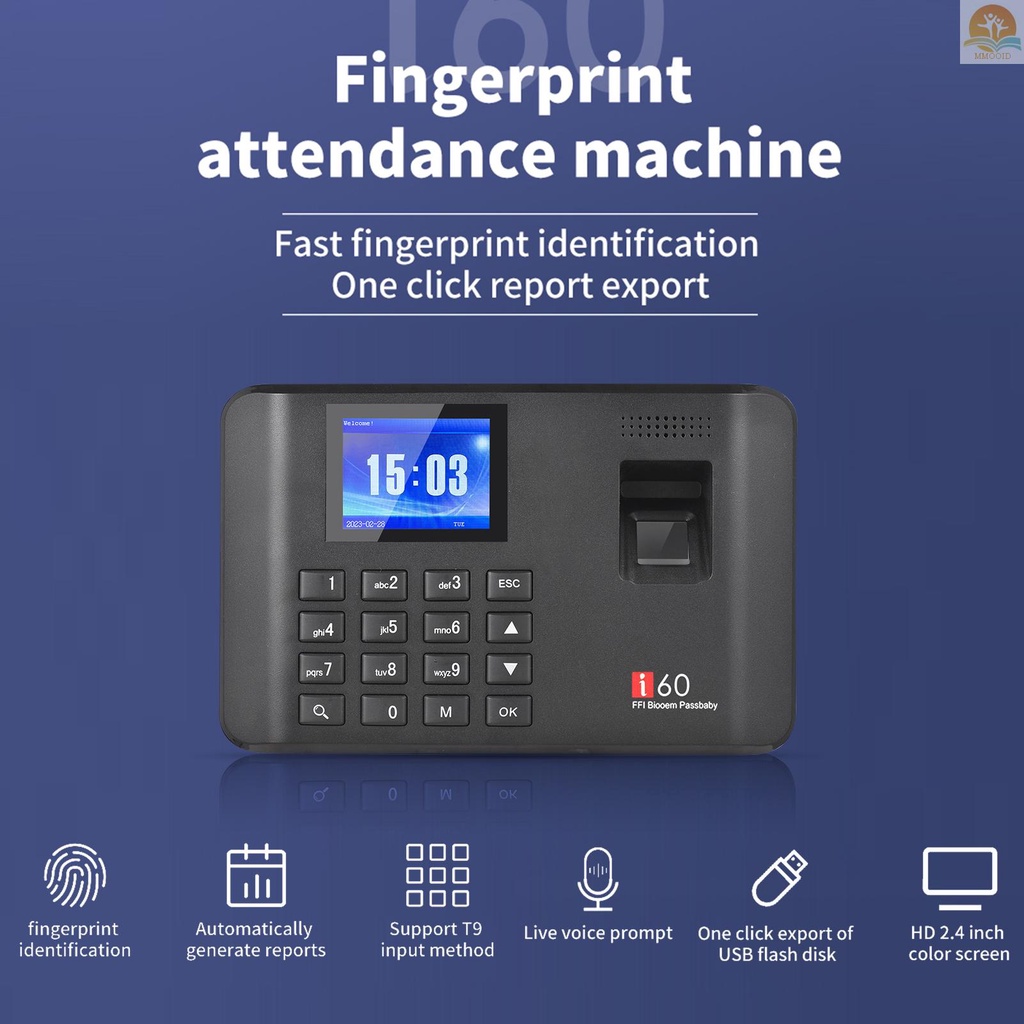 In Stock Mesin Absensi Sandi Sidik Jari Biometrik Cerdas Jam Waktu Karyawan Perekam Cek-in 2.4 inch Layar LCD Suara Prompt 11bahasa Mesin Absensi