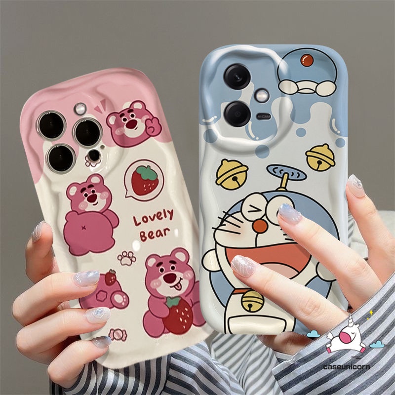 Cute Doraemon 3D Wavy Curved Edge Couple Case Untuk Infinix Hot 30i 10Lite 9 8 Hot 12 10 30 8 11 20 9 Play Note 12 4G 12 G96 Smart 6Plus 7 6 5 Kartun Strawberry Bear Manyo Soft Case