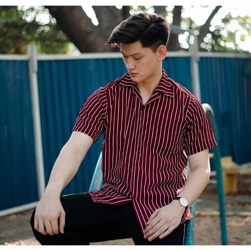 Kemeja Garis-garis Pria Kekinian Kemeja Salur Pria Lengan Pendek Stripe Pria Hem PREMIUM