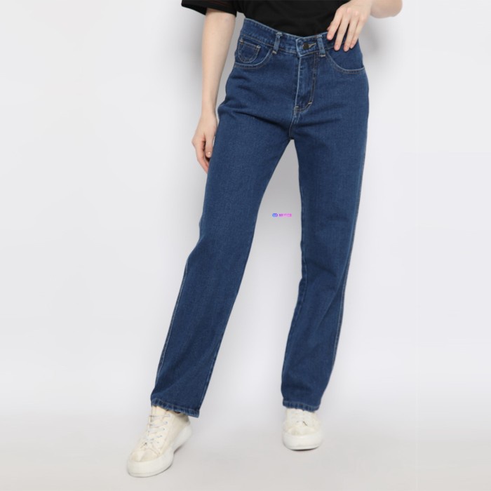 Promo Style COD Nuber Cintia Celana Panjang Wanita Highwaist Baggy Jeans Navy Cream - Standard, 27