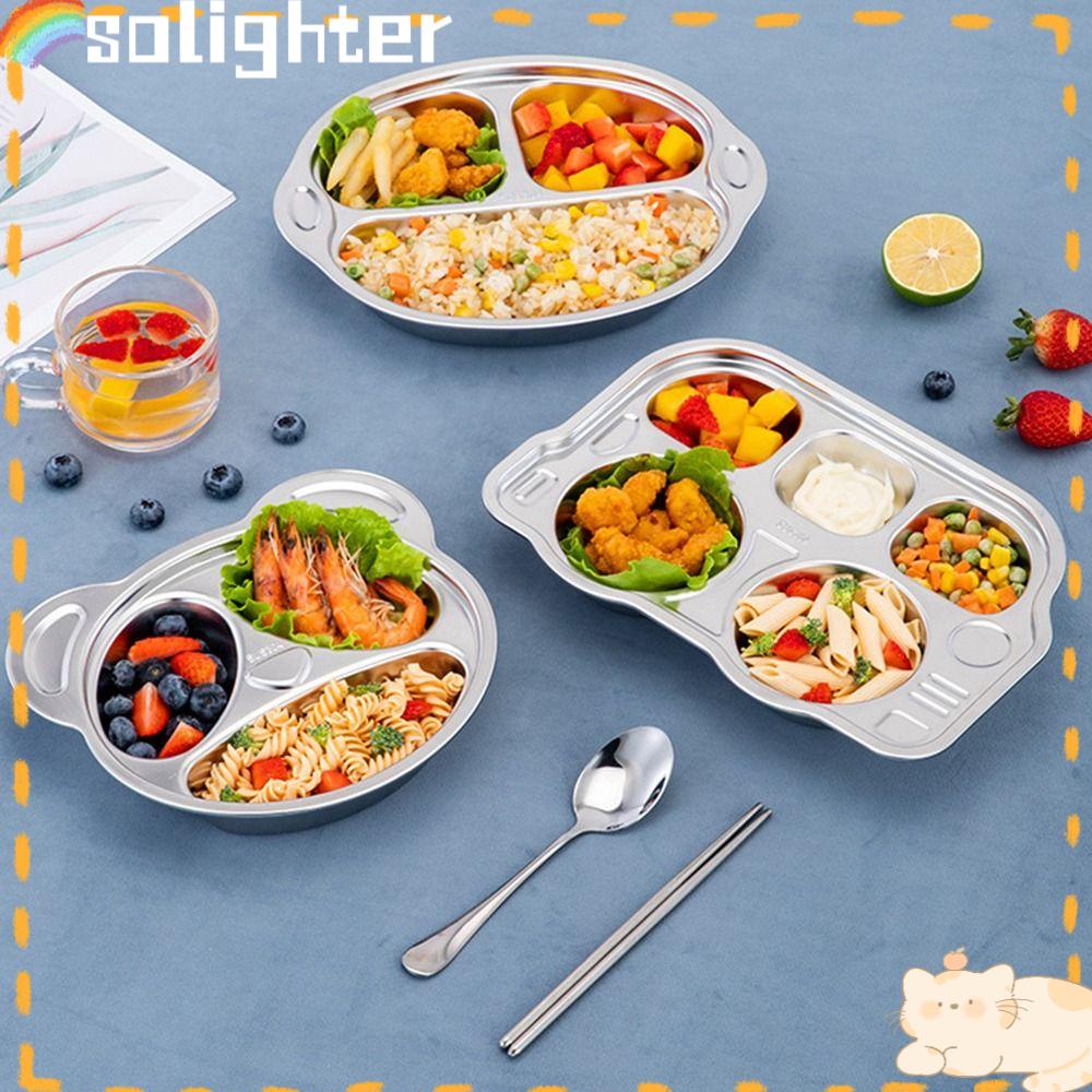 Solighter Baby Stainless Steel Plate Compartment Food Tray Tempat Penyimpanan Wadah Makanan Alas Makan Anak